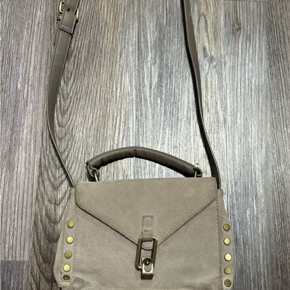 Lionel  Beige Suede Crossbody Purse Handle Stud Accent Latch Close Adjust Strap